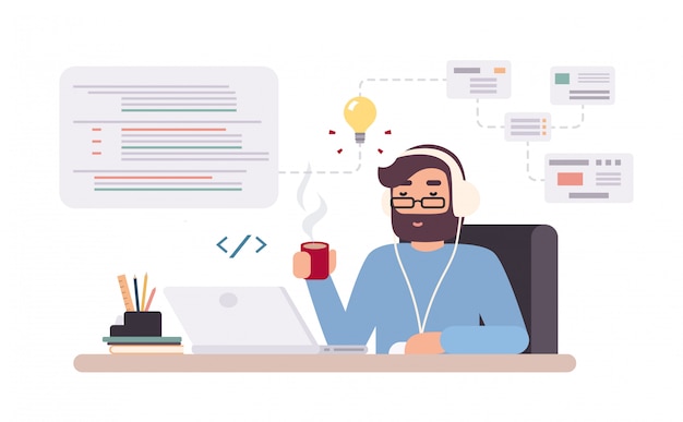 Web開発者はラップトップで動作します。仕事で若いプログラマーと水平型バナー。フラットスタイルのカラフルなイラスト。