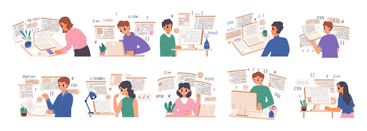 Vector web developers and coder build projects programming seo web coding characters young programmers snugly female and male computer geeks vector set of project development illustration