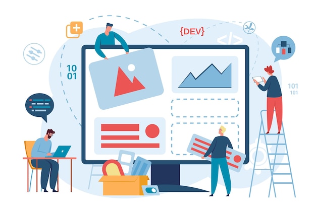 Web開発者とデザイナーのチームは、Webサイト、Webページのデザインを構築します。ソフトウェア開発、コーディングとプログラミング、ウェブサイトのベクトルの概念を設計する