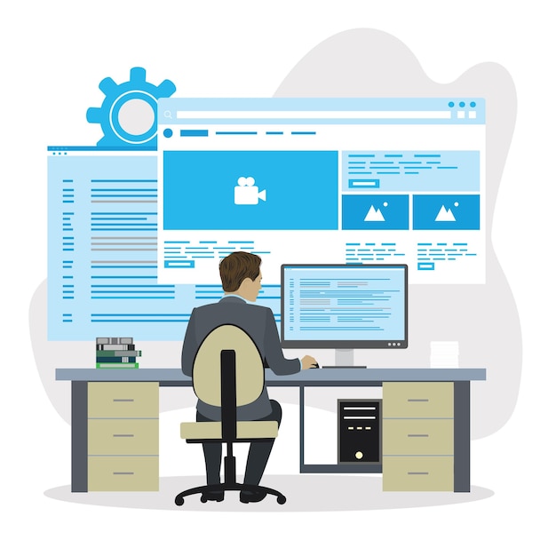 web development backend and frontend developer male character back view vector illustration
