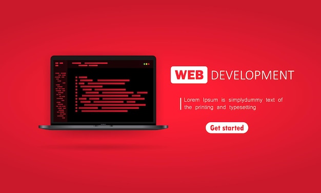 Баннер веб-разработки или работает на ноутбуке. плоские концепции дизайна для анализа, кодирования, программирования, программиста и разработчика.
