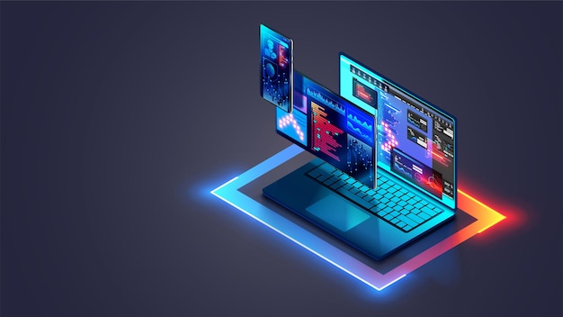 web development and coding cross platform software development of website adaptive layout internet page or web interface on screen laptop tablet and phone isometric computer technology concept