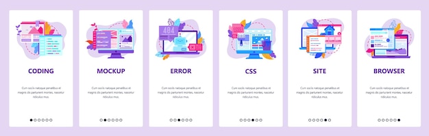 웹 개발 및 코딩 404 오류 CSS 및 HTML 코드 컴퓨터 기술 웹 사이트 모바일 개발을 위한 터 템플릿 웹 사이트 디자인 일러스트레이션