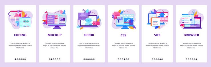 Vector web development and coding mobile phone app icons 404 error css and html code computer technology onboarding screens vector template for website mobile development web site design illustration