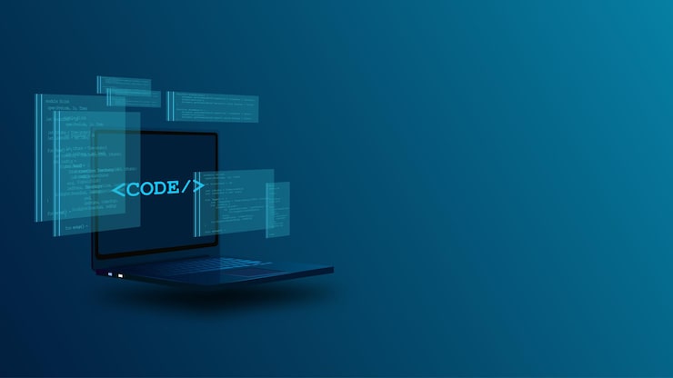 Vector web development coding programming data analysis laptop with futuristic ui