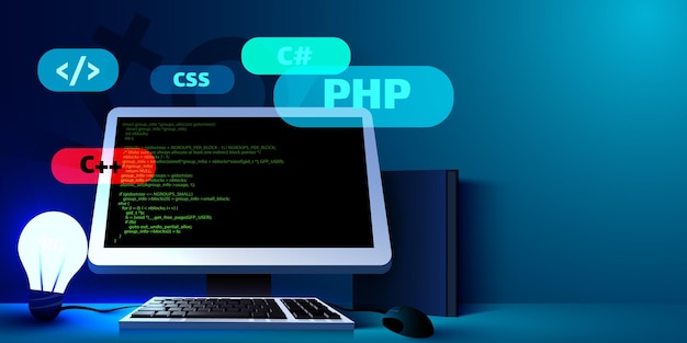 Vector web development coding and programming futuristic banner computer code on computer