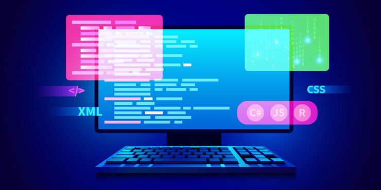 Vector web development coding and programming futuristic banner computer code on computer
