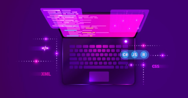 Sviluppo web codifica e programmazione codice computer banner futuristico su laptop