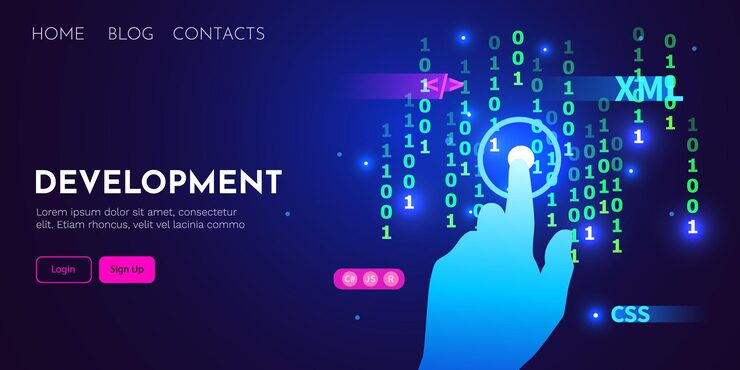 Vector 웹 개발 코딩 및 프로그래밍 미래 배너 손으로 만지는 컴퓨터 코드