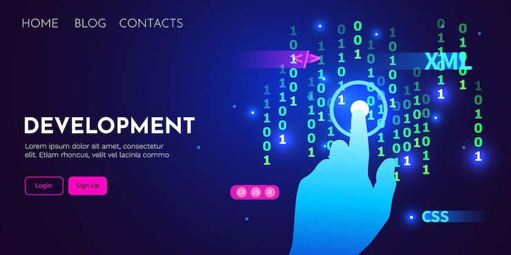 Vector web development coding and programming futuristic banner hand touching computer code