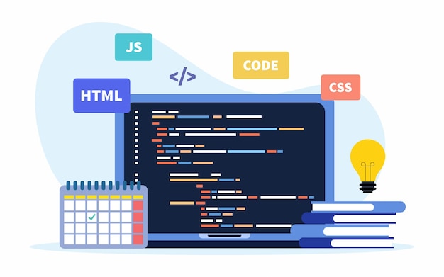 웹 개발 및 코딩. 프로그래밍 언어들. CSS, HTML, JS. 화면 노트북에 프로그램 코드입니다.