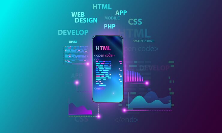 Vector web development coding and programming responsive layout internet site or app of devices creation digital software for mobile platforms computer code on phone concept banner