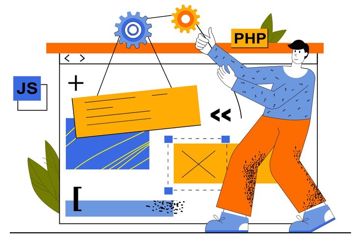 Vector 網頁開發概念.開發者建立網站的布局,用不同語言編程,放置按,導航元素.