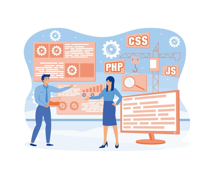 Vector web development concept developers team construct web application scene full stack development software engineering design and programming flat vector modern illustration