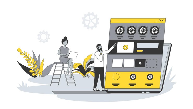 Vector web development concept in flat design with people man and women create site layout place blocks with content and buttons working in team vector illustration with character scene for web banner