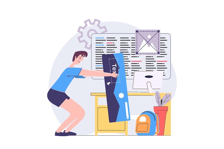 Vector 웹을위한 현대적인 평면 디자인의 웹 개발 개념 개발자 와이어 프레임 앱 인터페이스를 만들고 프로그래밍 콘텐츠 제작 응용 프로그램 템플릿과 함께 레이아웃을 구성 터 일러스트