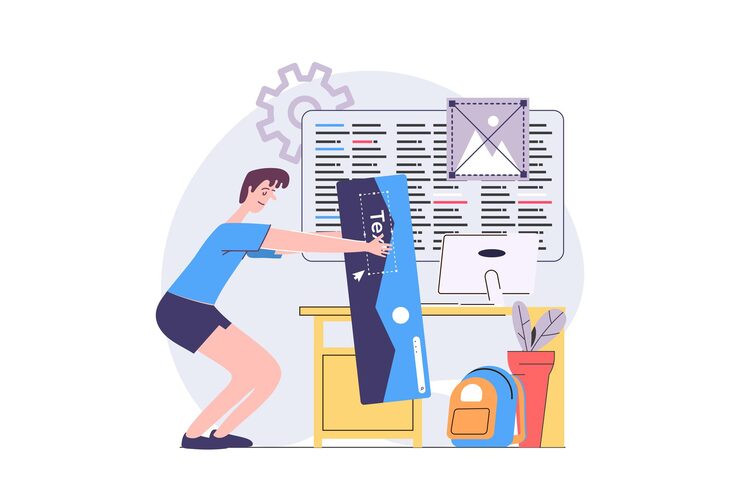 Vector 웹을위한 현대적인 평면 디자인의 웹 개발 개념 개발자 와이어 프레임 앱 인터페이스를 만들고 프로그래밍 콘텐츠 제작 응용 프로그램 템플릿과 함께 레이아웃을 구성 터 일러스트