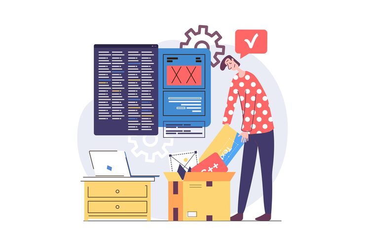Вектор концепция веб-разработки в современном плоском дизайне для веб-интерфейса человек, разрабатывающий и программирующий интерфейс макетов на экранах, инженерный цифровой проект, проводящий исследования и делающий настройки векторная иллюстрация