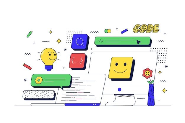 Web development concept table with computer and related icons flat line 90s cartoon style vector illustration