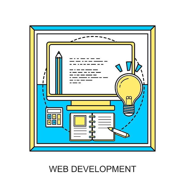 web development concept: web page and laptop in line style