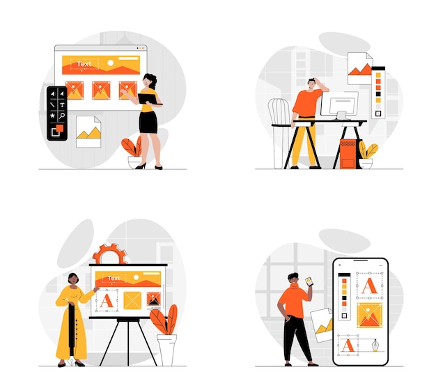 web development concept with character set collection of scenes people prototyping and coding web page layouts or mobile app interface places graphic content vector illustrations in flat web design
