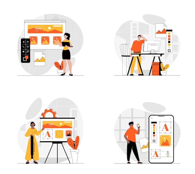 Concetto di sviluppo web con set di caratteri raccolta di scene persone che prototipano e codificano layout di pagine web o interfaccia di app mobili posiziona contenuto grafico illustrazioni vettoriali in flat web design