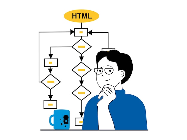 Concetto di sviluppo web con situazione del personaggio sviluppatore uomo che codifica e crea algoritmi per trovare soluzioni e impostazioni progetto illustrazione vettoriale con scene di persone in design piatto per il web