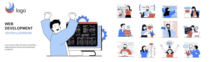 Vector web development concept with character situations mega set in flat design bundle of scenes people creating websites and homepages programming projects and working with code vector illustrations