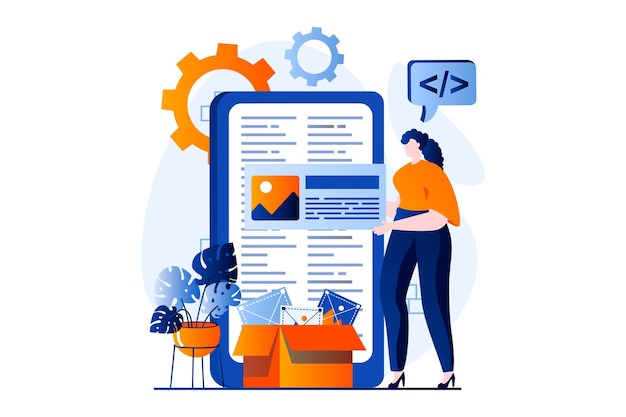 web development concept with people scene in flat cartoon design woman creating and programming website layout testing and optimizing for mobile phone vector illustration visual story for web