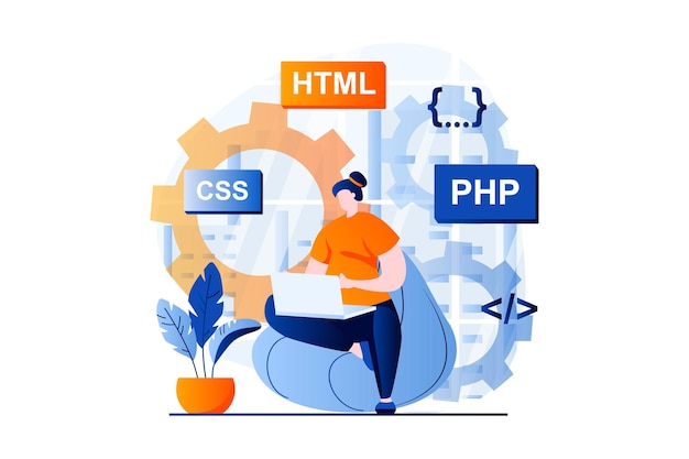 Web development concept with people scene in flat cartoon design Woman programming at different languages testing and optimizing code creates layouts Vector illustration visual story for web