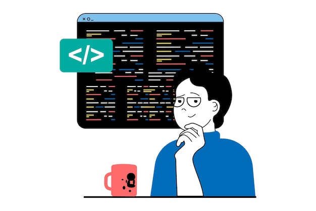 フラットなデザインの人々 のシーンを含む Web 開発コンセプト プログラミング コードを作成し、抽象的なスクリプトを使用してコンピューターで作業する男性ソーシャル メディア バナー マーケティング素材のベクトル図