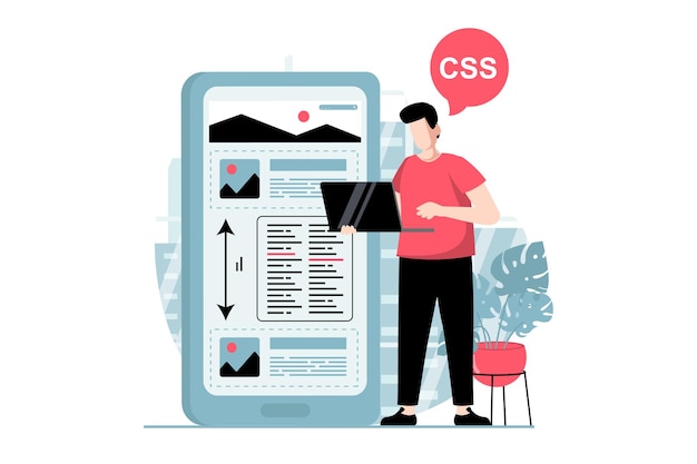 フラットデザインの人物シーンを使用したWeb開発コンセプトアプリを開発し、スクリプトを使用してレイアウトを作成するコードを記述し、Webのキャラクター状況を含むベクターイラストを最適化する男性