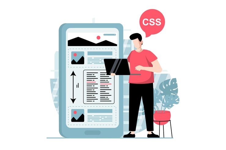 Vector web development concept with people scene in flat design man developing app and writing code creating layout using scripts and optimizes vector illustration with character situation for web