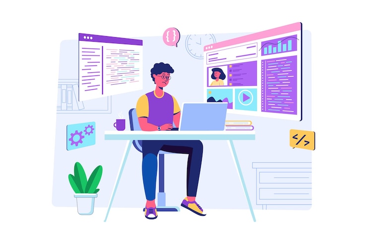 Vector web development concept with people scene for web man working with code programming and creates page template and communicates with colleague online vector illustration in flat perspective design