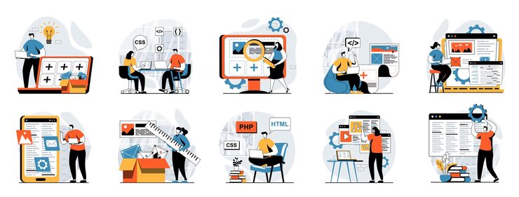 Vector web development concept with people scenes mega set in flat design bundle of character situations with wireframe site layout creation engineering code and testing scripts vector illustrations