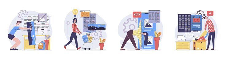 Vector 用平面設計設定的人物場景的網頁開發概念,用開發者創造和編程角色情況的集合,用內容向量插圖建立和編程線框應用程式接口