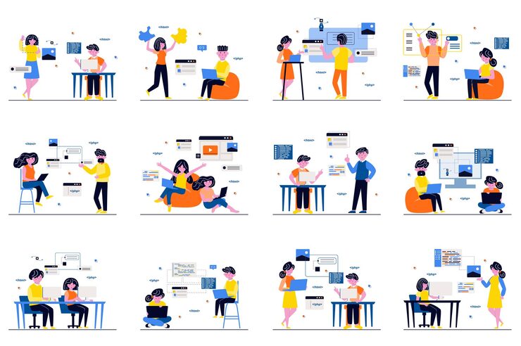 Vector web development concept with tiny people scenes set in flat design bundle of men and women developers working creating webpages layouts testing coding and optimization vector illustration for web