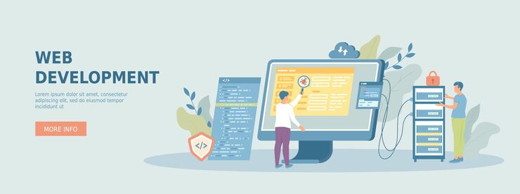 Vector web development developers creating program code development of software and programming promotio