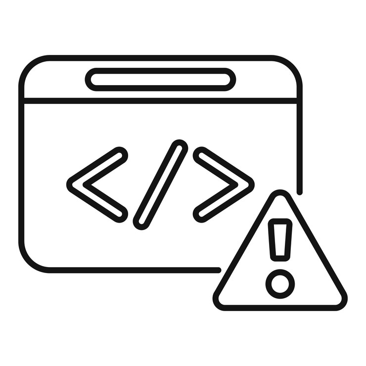 Vector web development error warning sign with code brackets on screen