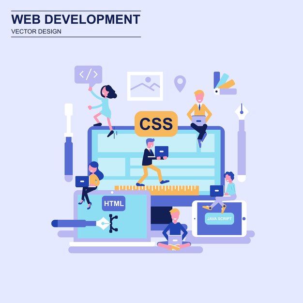 Vector web development flat design concept blue style with decorated small people character.