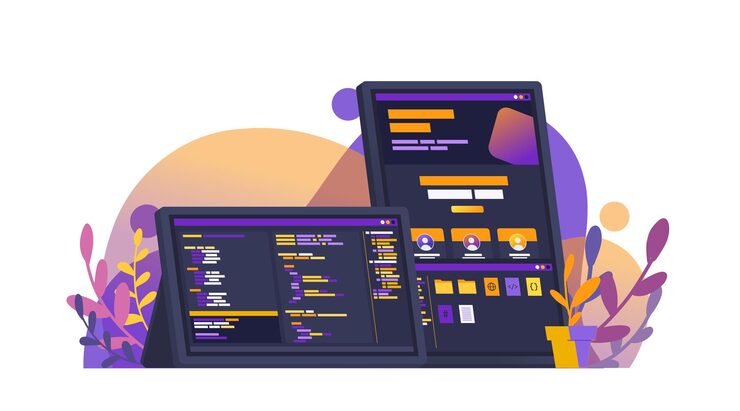 Vector web development front end programming with dual monitor coding slicing website flat vector concept