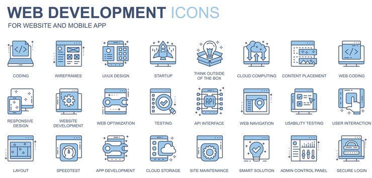 Vector web development icons set in duotone line design pack of coding ui ux startup cloud computing content placement optimization api interface other outline stroke pictograms vector illustration