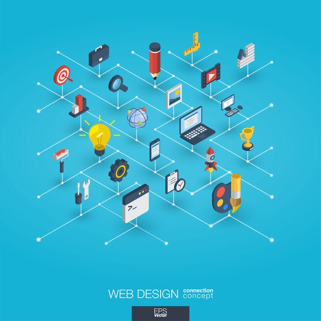 Vector web development integrated 3d icons. digital network isometric interact concept.