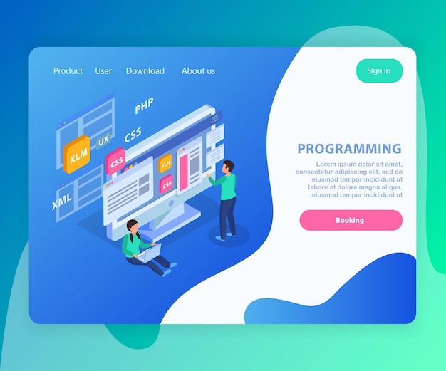 Web開発アイソメトリックコンセプトのランディングページ