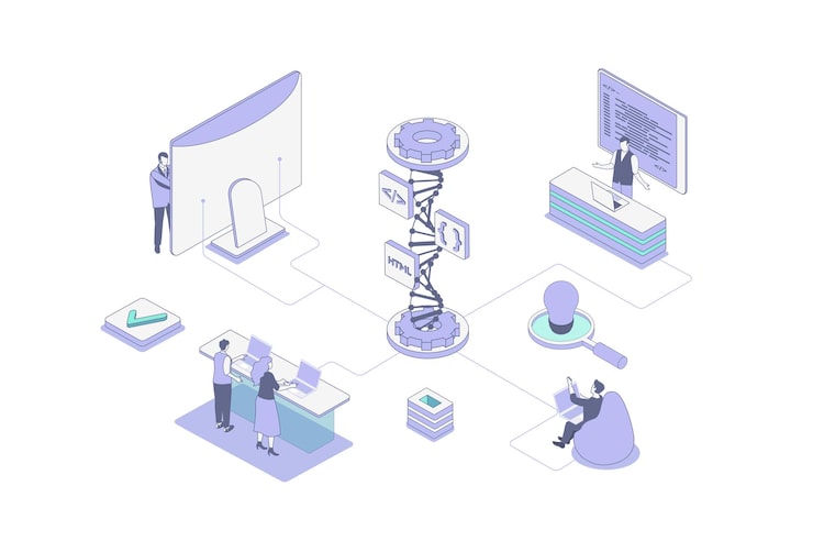 Vector web development isometric concept in outline isometry design for web people prototyping website inner structure and coding working on ui ux for mobile apps and pages layouts vector illustration