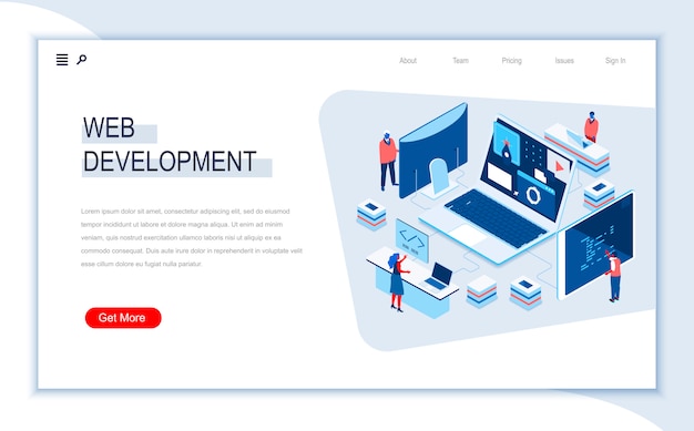 Web development isometric landing page template.