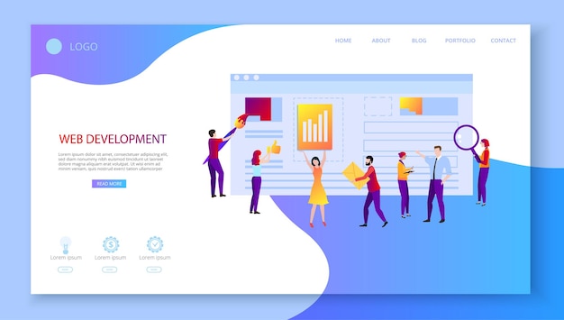 Web development landing page template with people creating website computer technologies technical support web application programming and design