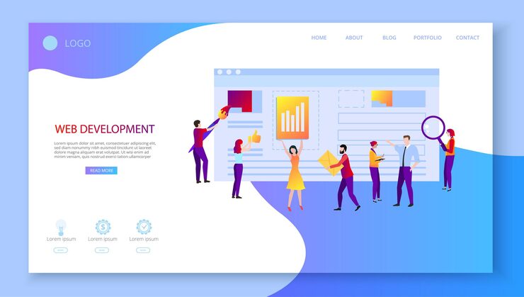 Vector web development landing page template with people creating website computer technologies technical support web application programming and design