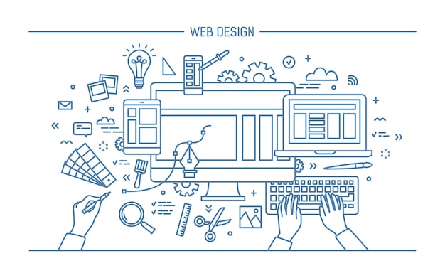 Vector web development, line art banner. site with responsive design. flat vector illustration.