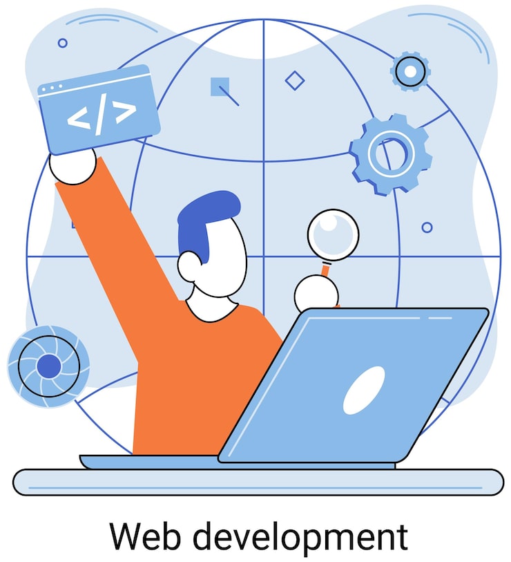 Vector web development metaphor coding and programming responsive layout internet site or app of devices creation digital software mobile desktop platforms computer code tablet phone digital business